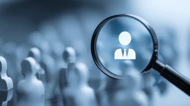 modern hr management illustration with magnifying glass focusing on manager icon among employee symbols showing recruitment leadership workforce planning and talent development process