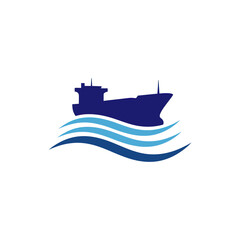 Obraz premium Dark Blue Ship Silhouette on Waves.