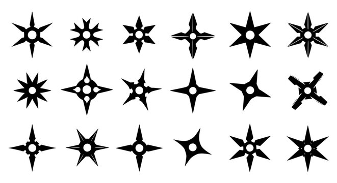 Set of 18 Shuriken Ninja Star Icons Vector Black Silhouette Japanese Martial Arts Weapon Symbols for Game Design