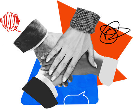 Stacked hands in a creative collage style on colorful geometric background, concept of teamwork, unity and support in modern composition