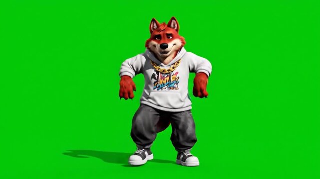 Animated Fox in Streetwear Dancing on Green Screen Background