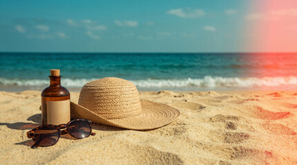 Fototapeta premium Photograph of summer vacation essentials, including a stylish straw hat, sunglasses, and a small bottle.