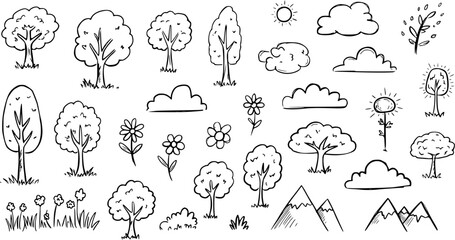 Nature  Environment Doodles: Hand-drawn Black and White Line Art Set Featuring Trees, Clouds, Flowers, Sun, Mountains, and Grass for Outdoor Concepts © torabutterfly