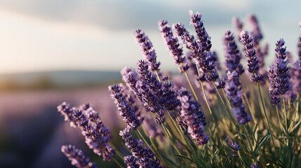 Fototapeta premium Close-up of blooming lavender field at sunset with soft golden light and blurred background