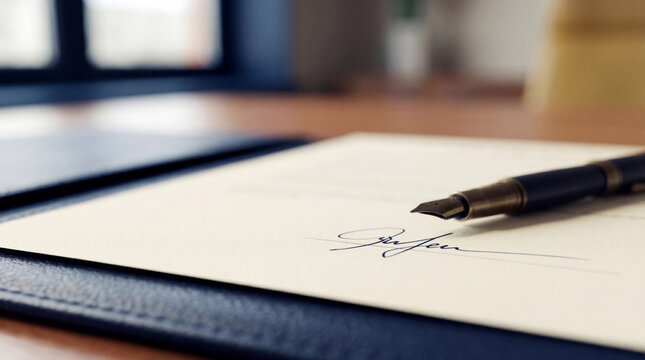 Authentic photograph of a classic fountain pen resting on a formally signed document.