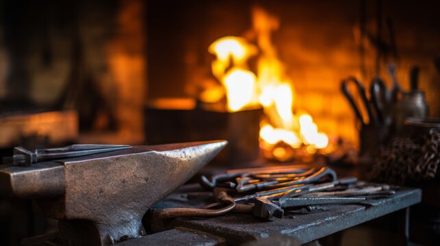 silversmith. Traditional silversmith workshop with forge firelight reflecting on metal surfaces and arranged tools. safety posters.
