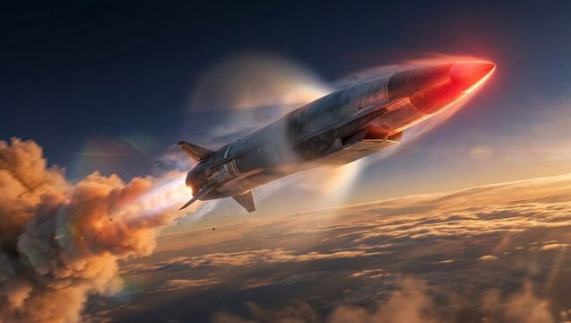 Hypersonic missile flying at high speed above clouds, advanced military technology, strategic defense, aerospace engineering, tactical weapon system.
