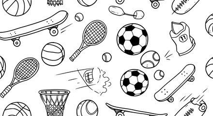 Sports and Active Lifestyle Equipment Hand-Drawn Black  White Line Art Seamless Pattern with Skateboards, Balls, and Rackets © torabutterfly