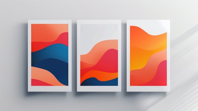 Three abstract art prints with wavy, gradient designs in orange, red, and blue hues.