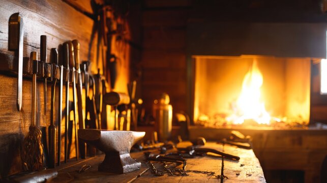 silversmith. Traditional silversmith workshop with forge firelight reflecting on metal surfaces and arranged tools. safety posters.
