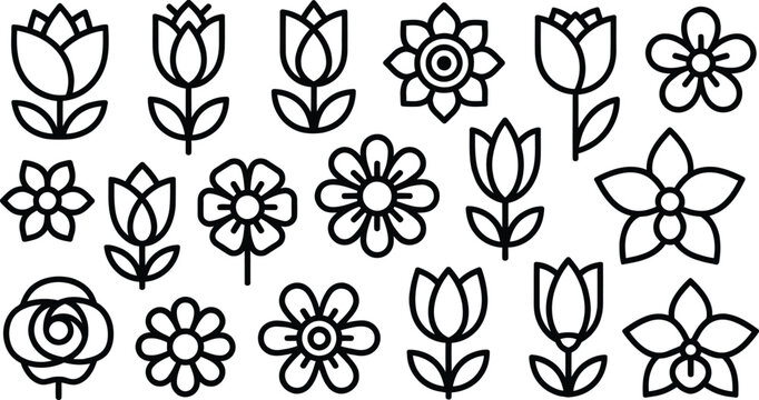 Set of 16 flower icons vector, black and white, line art