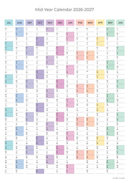Mid-year calendar for 2026 to 2027, colorful annual planning grid for business, school, or personal scheduling