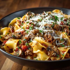 A dark bowl of pasta topped with sauce, mushrooms, meat, herbs, and shredded cheese