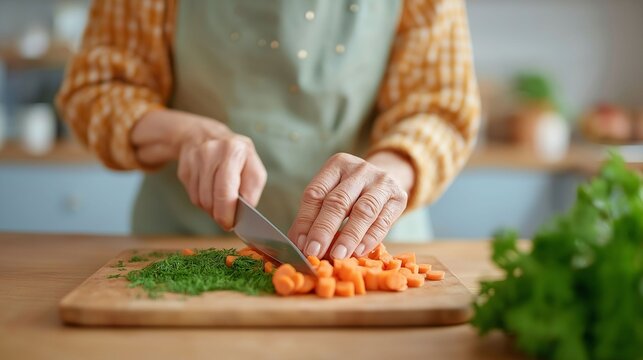 A skilled cook chops bright orange carrots and aromatic herbs on a wooden board. Sunlight streams into the warm kitchen, enhancing the inviting atmosphere of culinary creativity