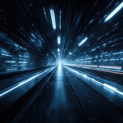 Abstract perspective of a glowing tunnel with blurring light streaks, futuristic and fast