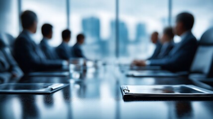 Executives gather around a conference table with documents and water glasses, deep in discussion about future plans while a city skyline serves as a backdrop
