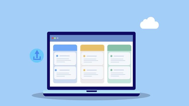 Flat vector animation of laptop dashboard with cloud upload icon representing online data transfer, cloud storage management, and digital information systems.