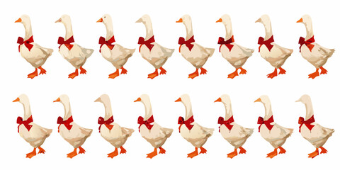 A line of white geese each wearing a bright red bow around their necks © Bipul