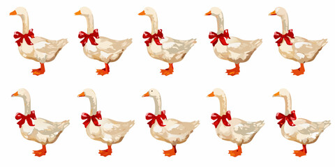 A row of geese adorned with festive red bows illustrated style © Bipul