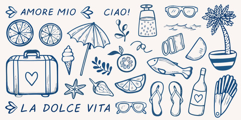 Italian summer doodles featuring citrus beaches and travel items © Bipul