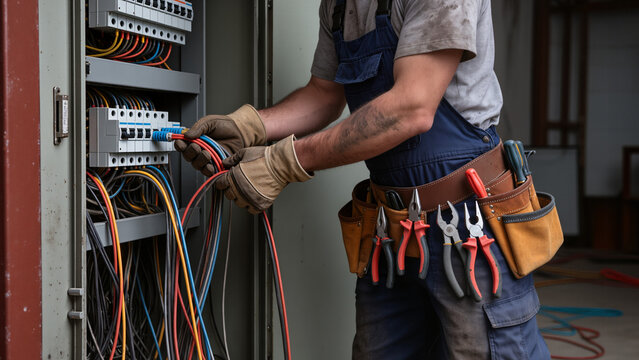 A specialist manages the electrical power board. He uses various tools for precise repairs, This work ensures a functional energy system, He uses insulated tools for electrical repairs