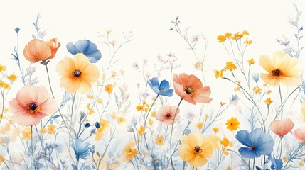 Naklejka premium Beautiful seamless floral water color pattern Set, watercolor wild flowers, leaves and grass,Collection botanic garden elements, isolated illustration in rustic or vintage style,copy space.