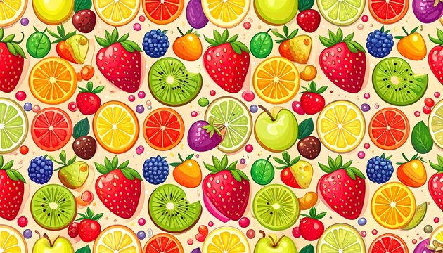 Vibrant, colorful fruit pattern with strawberries, oranges, kiwis, apples, blackberries, and limes on a light beige background