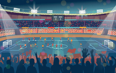 Soccer match in a large stadium with players competing on the field while fans cheer in the stands. Bright stadium lights illuminate the pitch during a night game. Concept of professional sport compet
