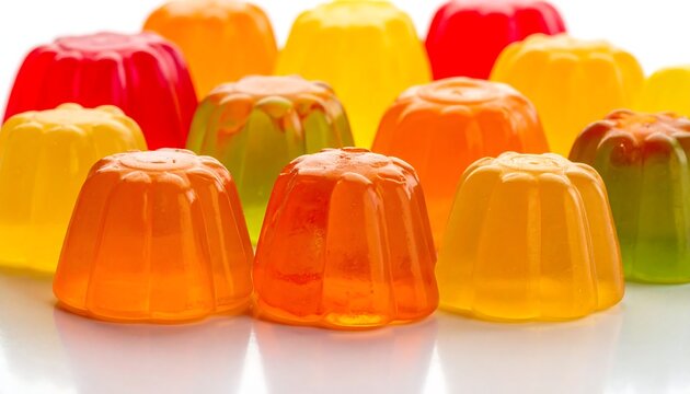 Vibrant, colorful gelatin desserts in various hues, sitting closely packed on a reflective white surface