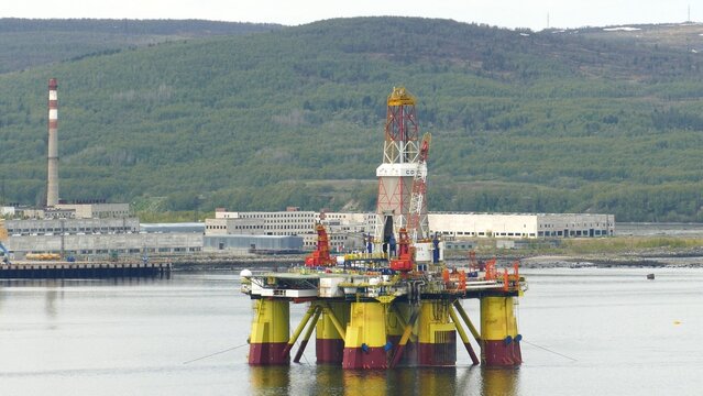 Murmansk, RUSSIA - June 25, 2017: Chinese floating drilling rig in the Kola Bay. Barents Sea, Gulf Stream.