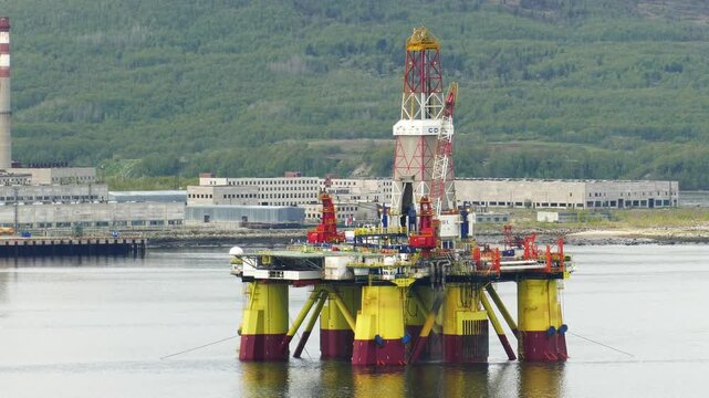 Murmansk, RUSSIA - June 25, 2017: Chinese floating drilling rig in the Kola Bay. Barents Sea, Gulf Stream.