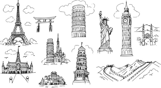 Hand-drawn black and white line art set of famous world travel landmarks and architectural monuments for tourism design.