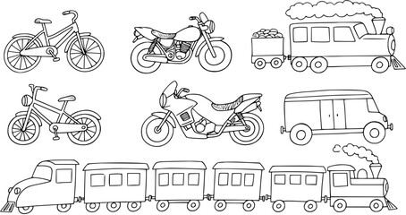 Black and White Line Art of Various Vehicles: Bicycles, Motorcycles, Vans, and Trains © torabutterfly