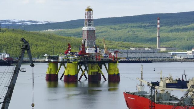 Murmansk, RUSSIA - June 25, 2017: Chinese floating drilling rig in the Kola Bay. Barents Sea, Gulf Stream.