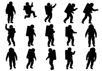 Fototapeta premium Astronaut silhouettes set featuring space explorers in movement