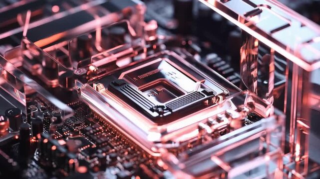 Close up view of a computer motherboard with a transparent red cooling block in action during a technology showcase event in 2023