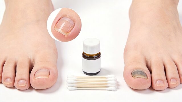 A close-up shot of a human foot suffering from a fungal infection, showing reddened skin and blackened nails against a white background. This relates to medical diseases, dermatology, podiatry, and he