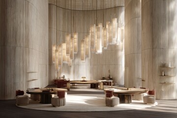 Interior of a luxurious lobby with natural light, modern furniture, and a grand light fixture