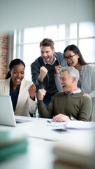 Fototapeta premium Dedicated business unit erupting into an explosive, synchronized victory cheer while watching a critical financial milestone clear on their live data dashboard.