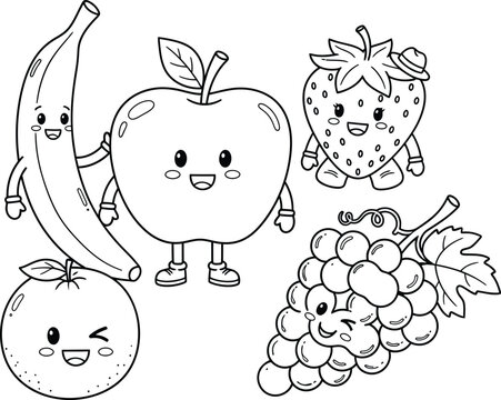 Colouring page of happy fruits fun illustration for kids to colour