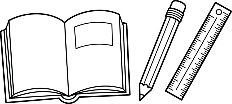 Colouring page of a book pencil and ruler for kids educational activities