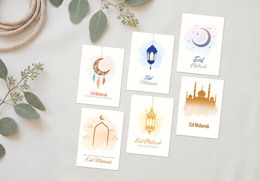 Set of Eid Mubarak Greeting Cards with Watercolor Illustrations