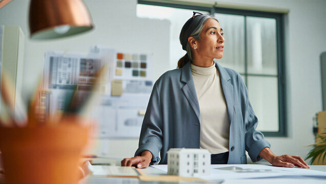 Veteran lead architect taking a contemplative pause from physical desktop models to mentally visualize the real-world scale of her urban project.
