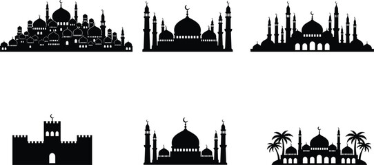 Obraz premium Islamic Mosque Silhouette Illustration Set with Domes and Minarets Black Vector Art for Ramadan Kareem Eid Mubarak Muslim Architecture Design Elements on White Background