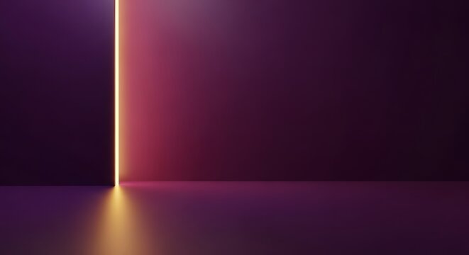 Vertical glowing light beam through dark purple wall opening in minimalist architectural space with pink floor reflections for modern interior design background or abstract futuristic concept