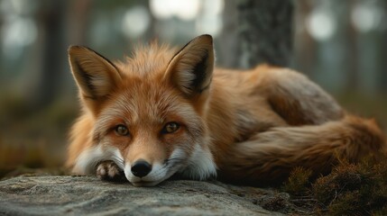 Fototapeta premium A beautiful fox lies comfortably on a rock, its warm fur glowing in the soft light of dusk. The forest is quiet, filled with tall trees and gentle foliage, creating a tranquil atmosphere