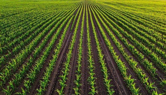 Top View of Newly Sprouted Corn Field with Even Rows