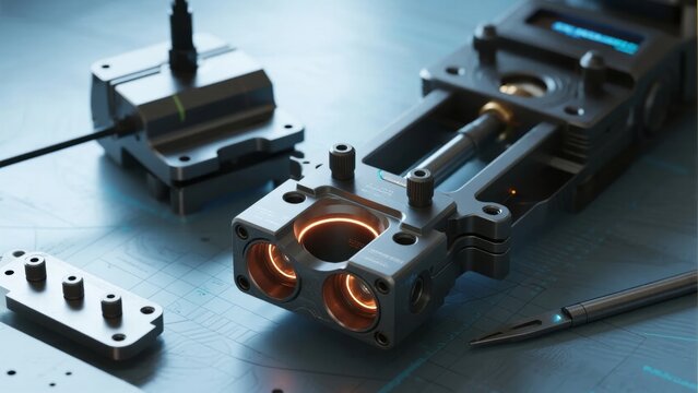 Precision mechanical components and tools on a technical work surface