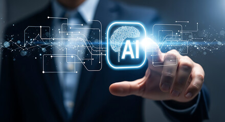 Obraz premium A businessman in a suit interacts with a futuristic AI interface in a dark room