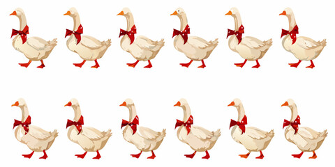 A row of white geese each wearing a festive red bow around their necks © Amrito